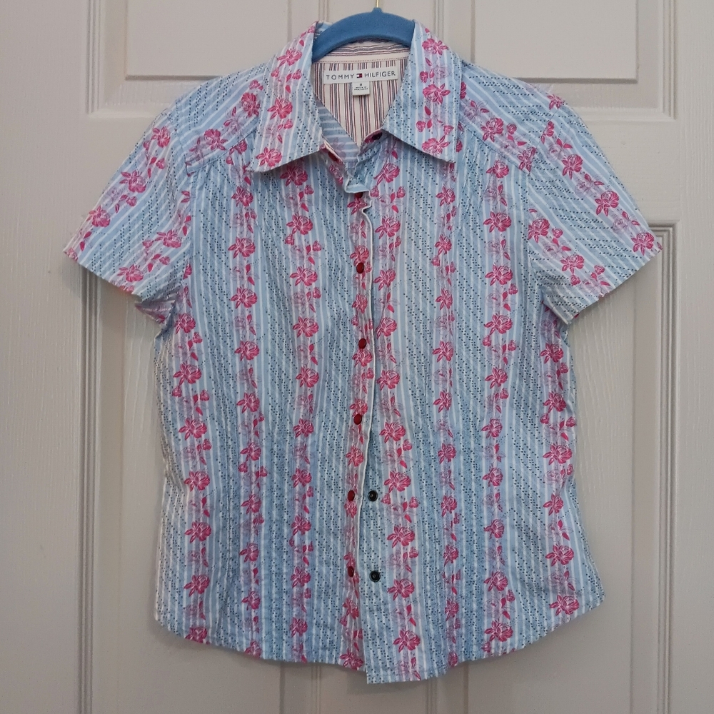 TOMMY HILFIGER vintage floral pintucked 100% woven cotton shirt, 6